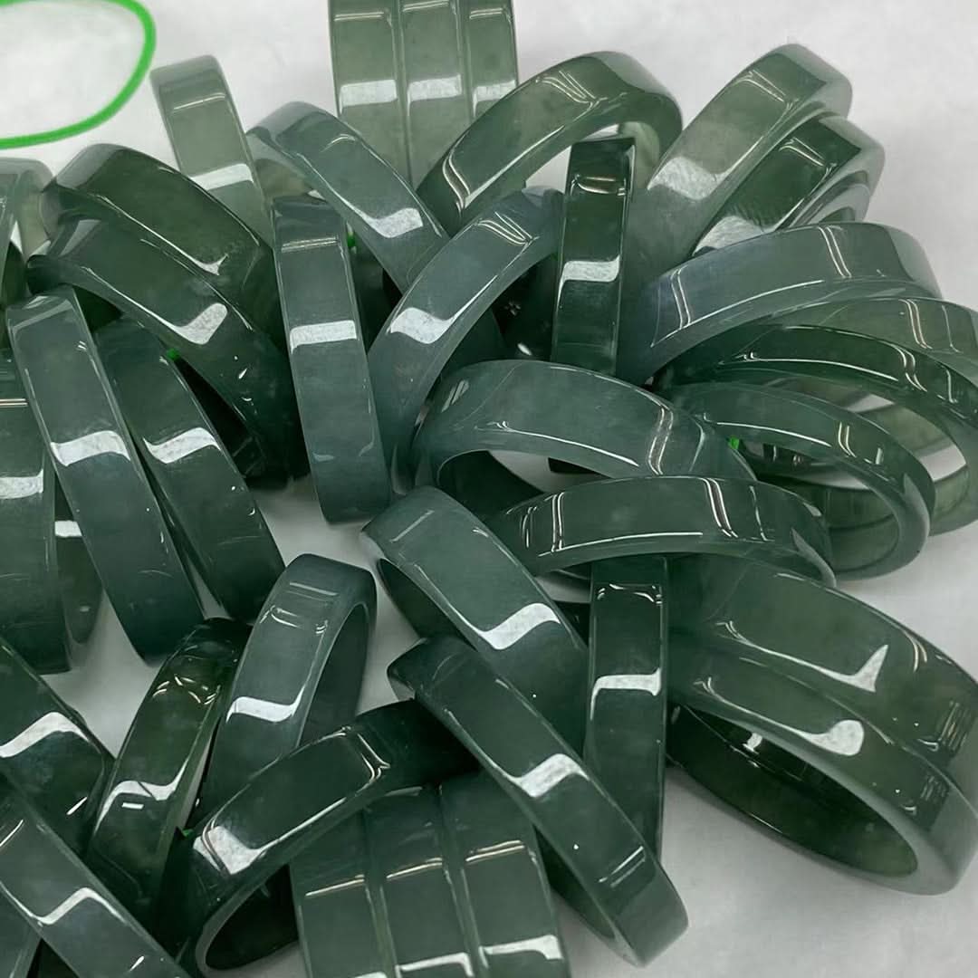 Polished dark green jade flat bangle bracelets, bulk set view | DIY Jade