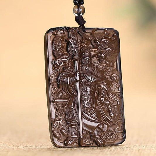 Dark obsidian carved Guan Gong square pendant, traditional warrior amulet | DIY Jade