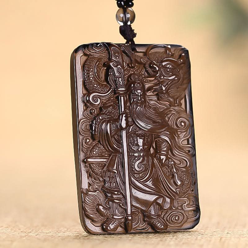 Dark obsidian carved Guan Gong square pendant, traditional warrior amulet | DIY Jade