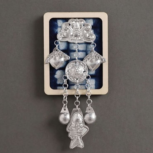 Large ethnic silver tassel brooch set display