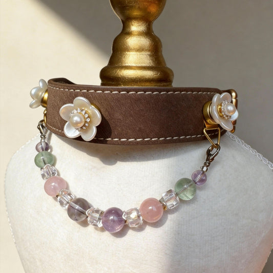 Mannequin bust showcasing brown leather pet collar with shell flower charms and soft multi-hued jade beads | DIY Jade