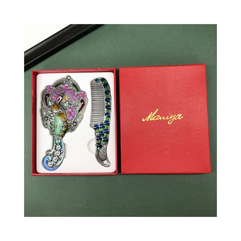 Enamel peacock mirror comb set in gift box