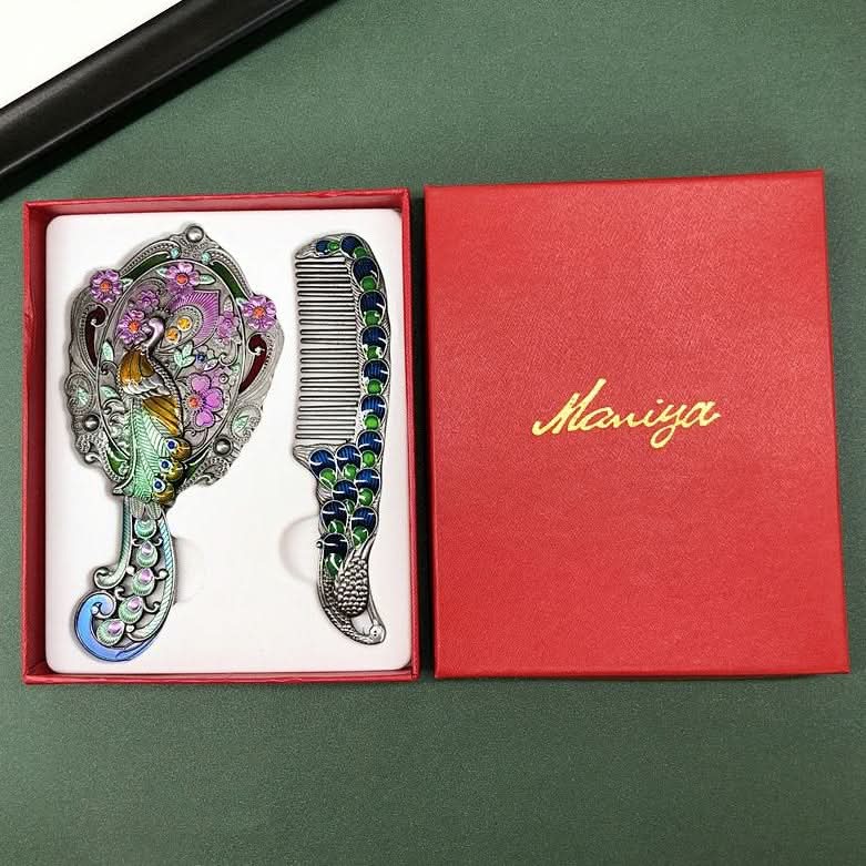 Enamel peacock mirror comb set in gift box