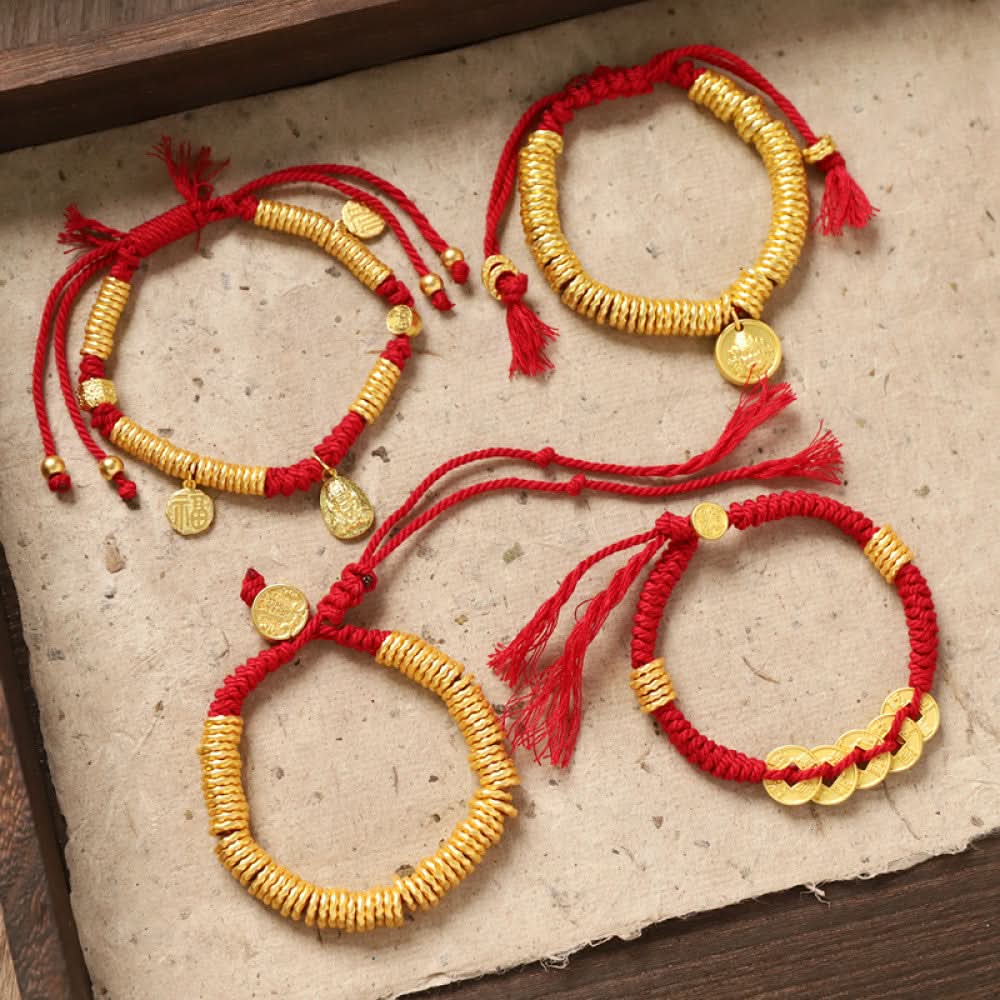 Assorted styles of stacked gold bead red string bracelets collection | DIY Jade