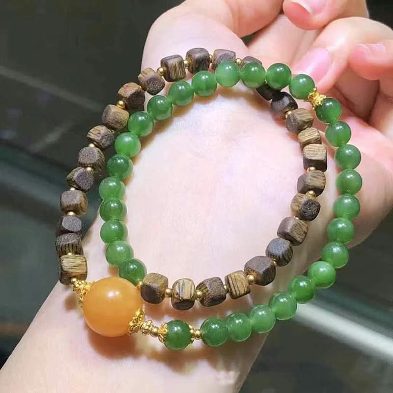 Green jade and wood bead double strand bracelet with amber accent | DIY Jade