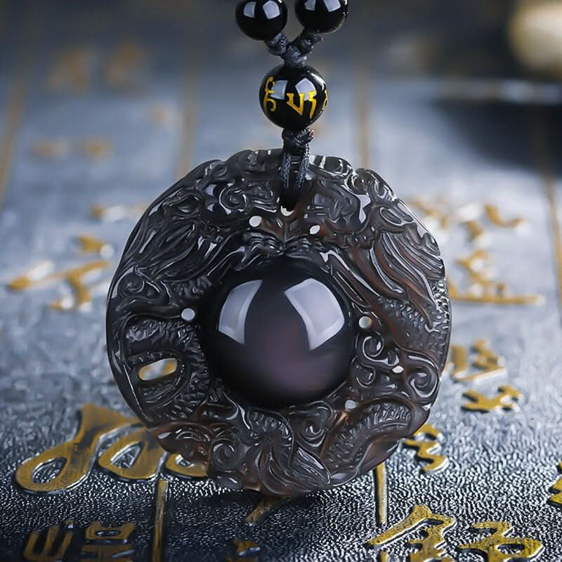 Icy obsidian double dragon carved protection pendant with mantra bead | DIY Jade