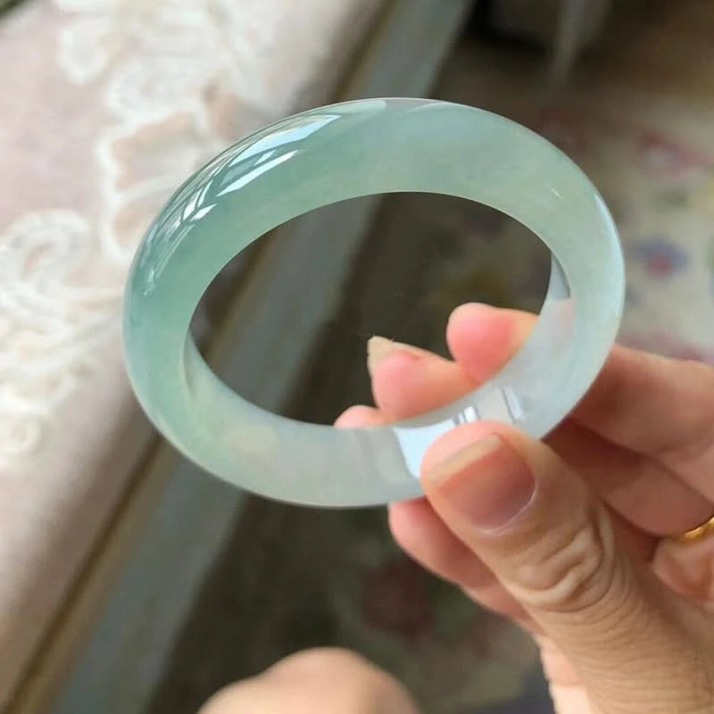 Natural icy pale green jadeite bangle bracelet with glossy polished finish | DIY Jade