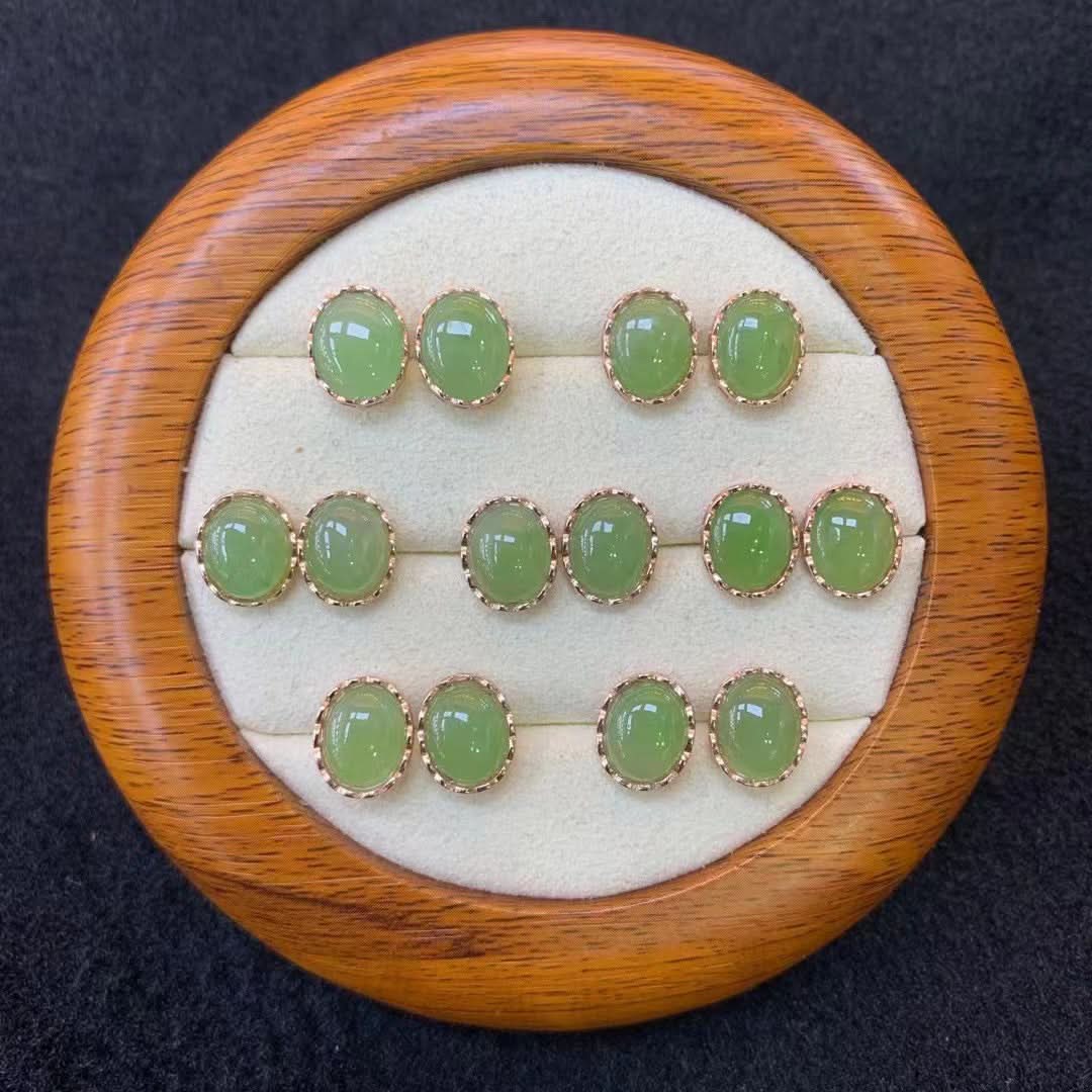 Light green jade oval stud earrings with gold settings, bulk set in wooden jewelry box | DIY Jade