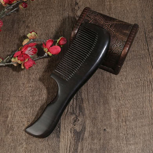 Long handle ebony wood hair comb with plum blossom decor