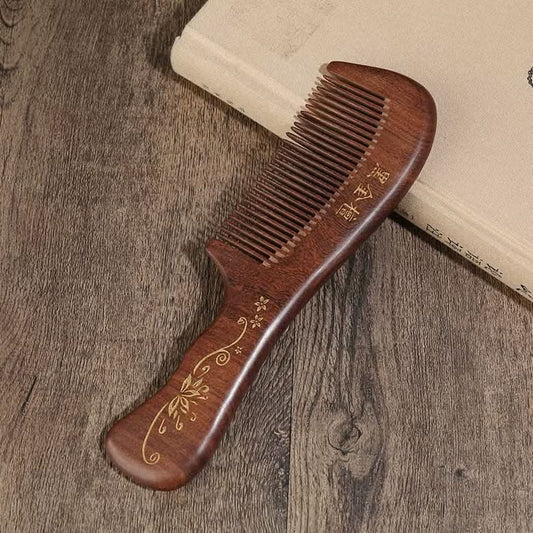 Long handle ebony wood hair comb with plum blossom decor