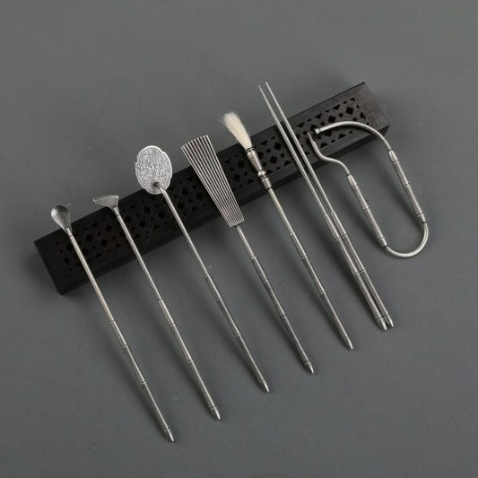 Angled view of metal incense tools with stand | DIY Jade