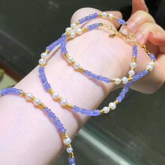 Stacked tanzanite and pearl bracelets, layered style effect | DIY Jade