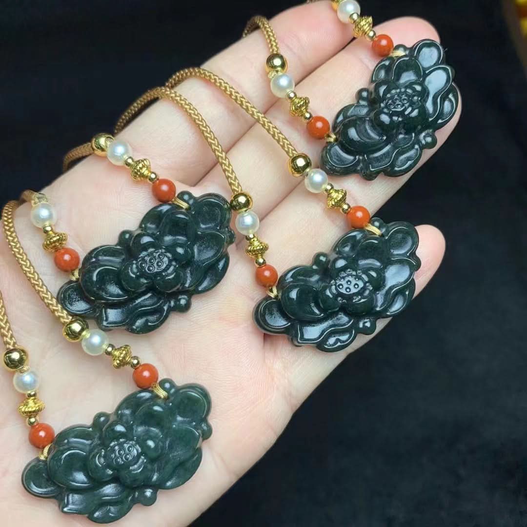 Dark green jade carved flower pendants with gold chains and pearl accents | DIY Jade