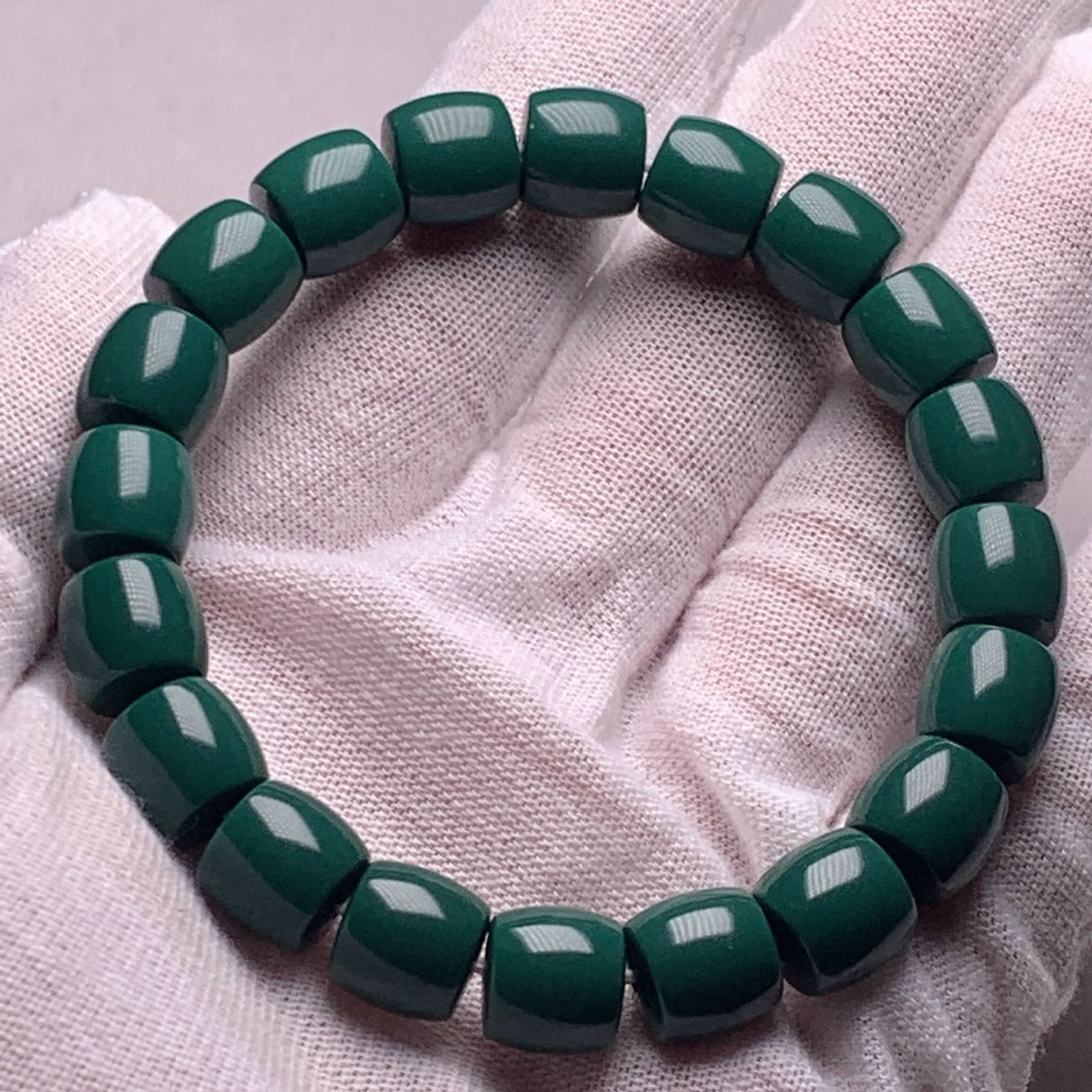 Natural deep green polished barrel bead stone bracelet, smooth solid color jewelry | DIY Jade