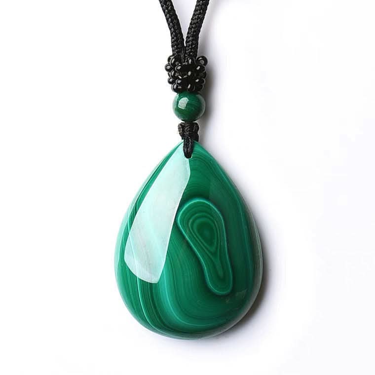 Polished natural malachite teardrop pendant with black braided necklace cord | DIY Jade