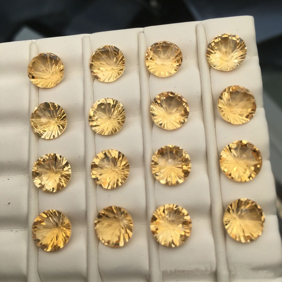 Natural round firework-cut golden citrine loose gemstones with warm starburst sparkle | DIY Jade
