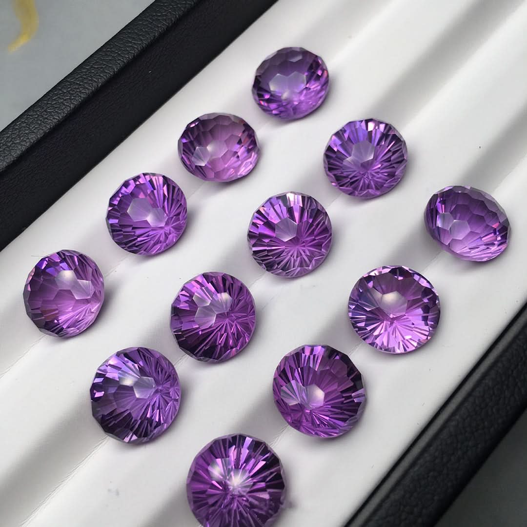 Natural round firework-cut purple amethyst loose gemstones with starburst sparkle | DIY Jade