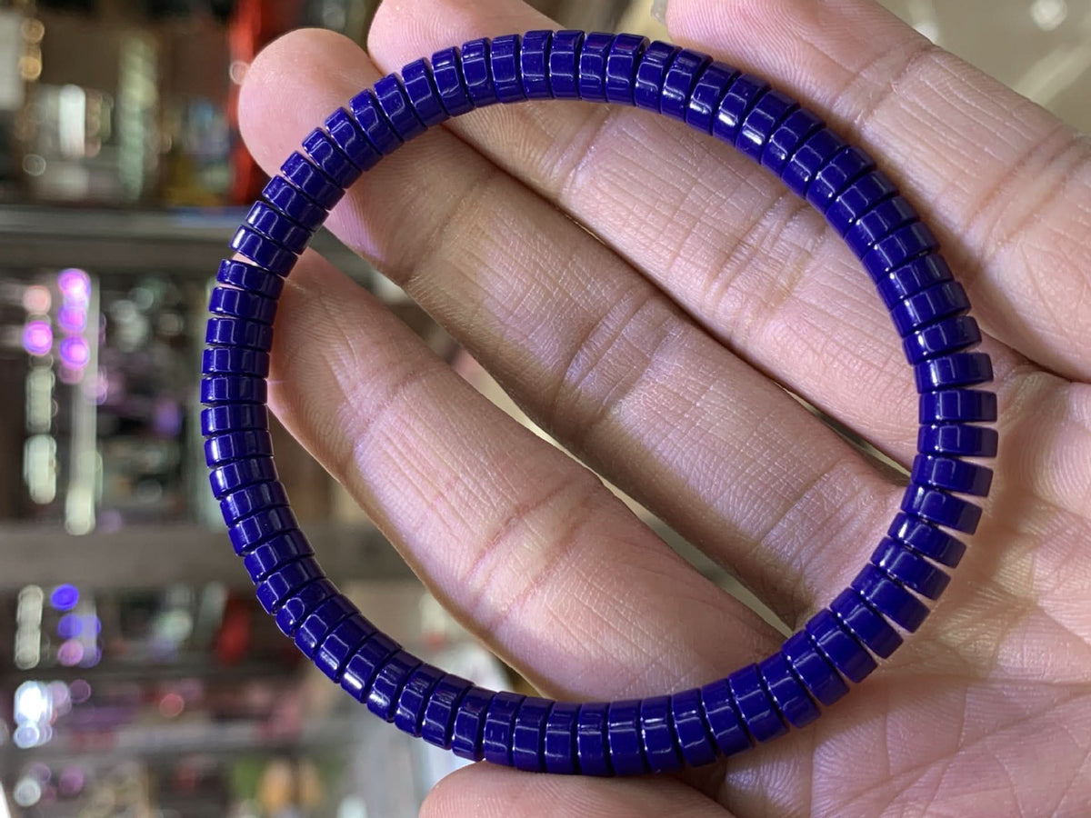 Natural royal blue lapis lazuli disk bead stretch bracelet, vivid deep blue stone jewelry | DIY Jade