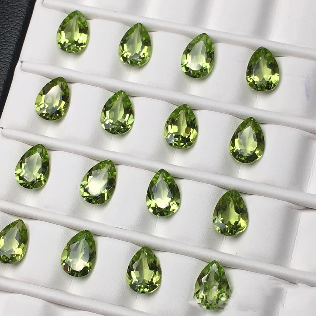 Natural teardrop pear-cut peridot olivine loose gemstones with vivid lime-green sparkle | DIY Jade
