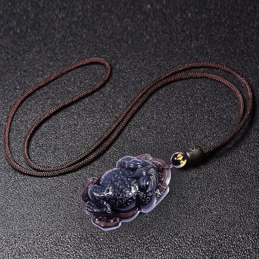 Obsidian fortune toad pendant with adjustable brown necklace cord | DIY Jade