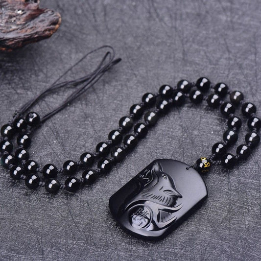 Obsidian wolf totem pendant with full black beaded necklace | DIY Jade