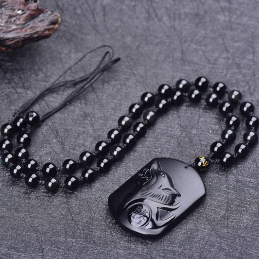 Obsidian wolf totem pendant with full black beaded necklace | DIY Jade