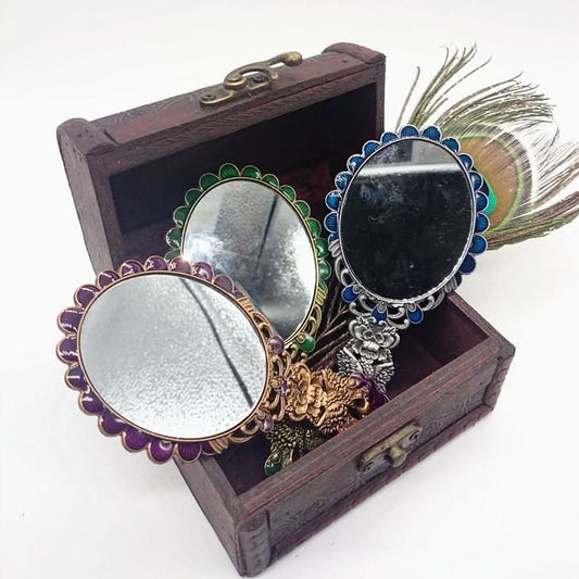 Peacock hand mirror set with wooden storage box