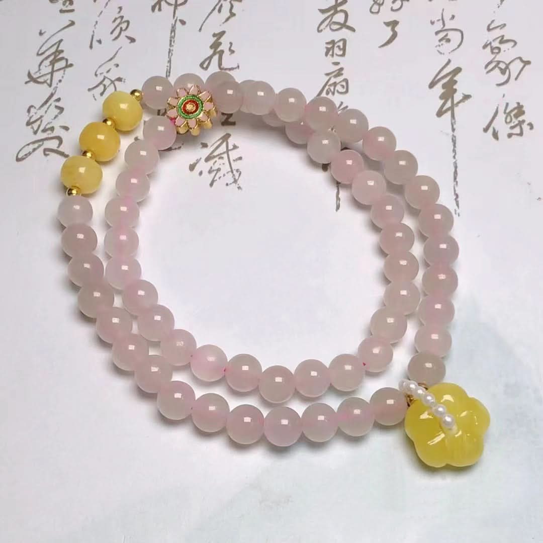 Pink crystal double-strand bracelet with yellow amber flower charm | DIY Jade