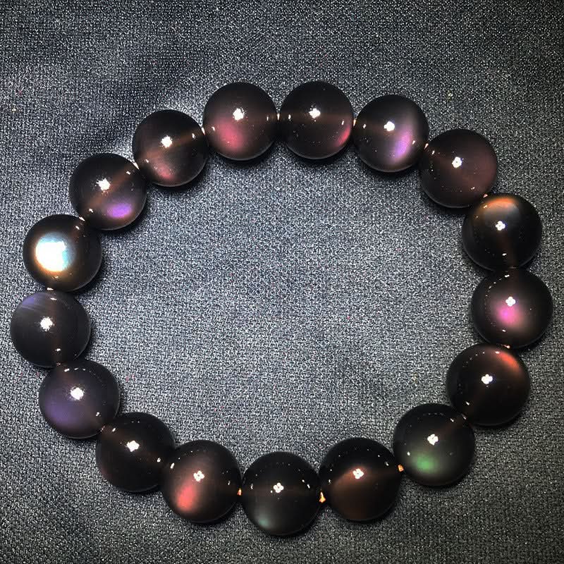 Natural rainbow eye obsidian bracelet with vibrant multi-color sheen, polished healing crystal | DIY Jade
