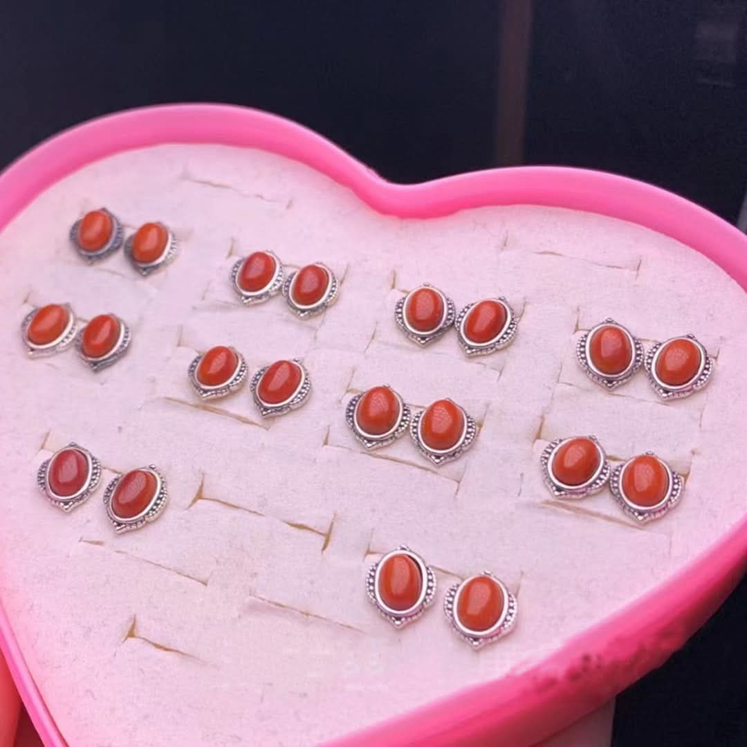 Red agate cabochon stud earrings with silver frame, bulk set in heart box | DIY Jade