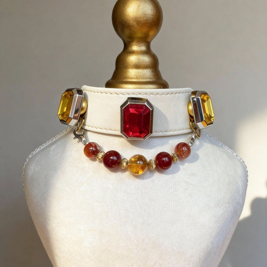 Side view of vintage red gemstone cat collar with amber bead strand details | DIYJade