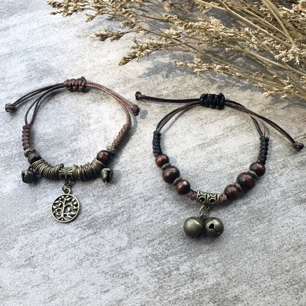 Set of two woven bracelets with tree of life and bell charms | DIY Jade