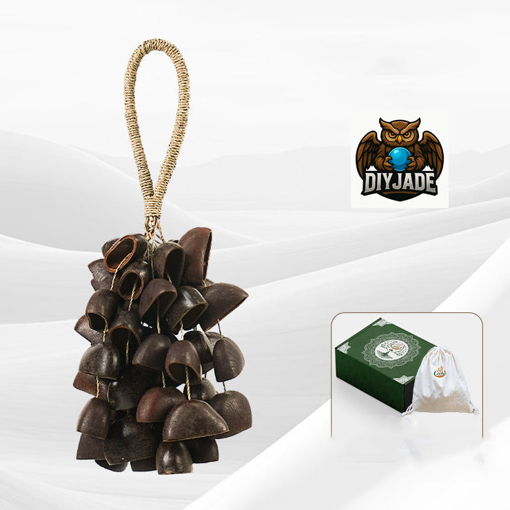 Compact dark bell‑form seed pod hanging charm, rope loop ornament with gift box display | DIY Jade