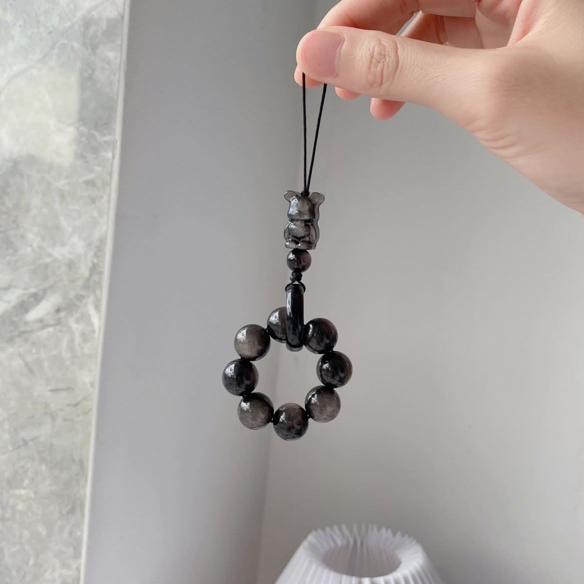 Silver sheen obsidian bead ring pendant with black cord, portable charm | DIY Jade