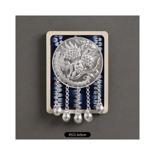Square ethnic silver brooch with hanging tassels