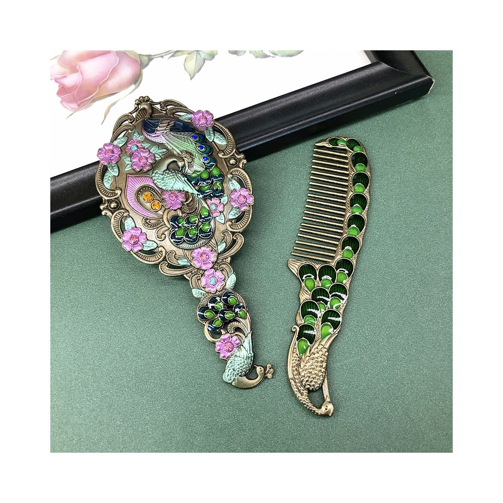 Vintage enamel peacock mirror and comb set