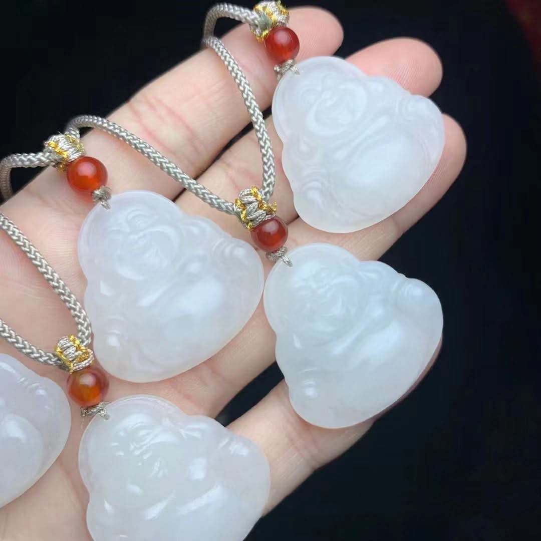 White jade laughing buddha pendants with braided cords and red accent beads | DIY Jade