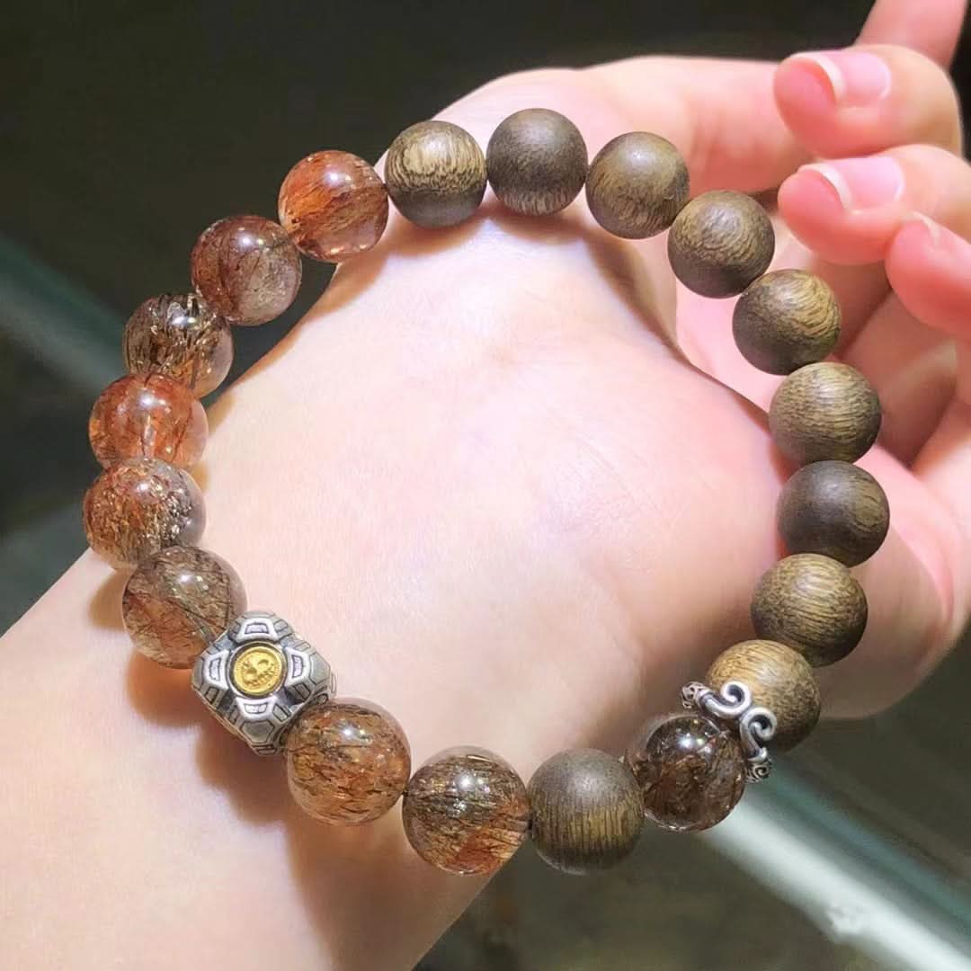 Wood and copper rutilated quartz bracelet with silver decorative charms | DIY Jade