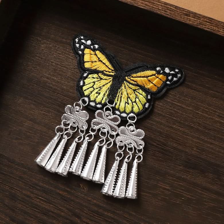 Yellow butterfly earrings with boho silver tassel fringe
