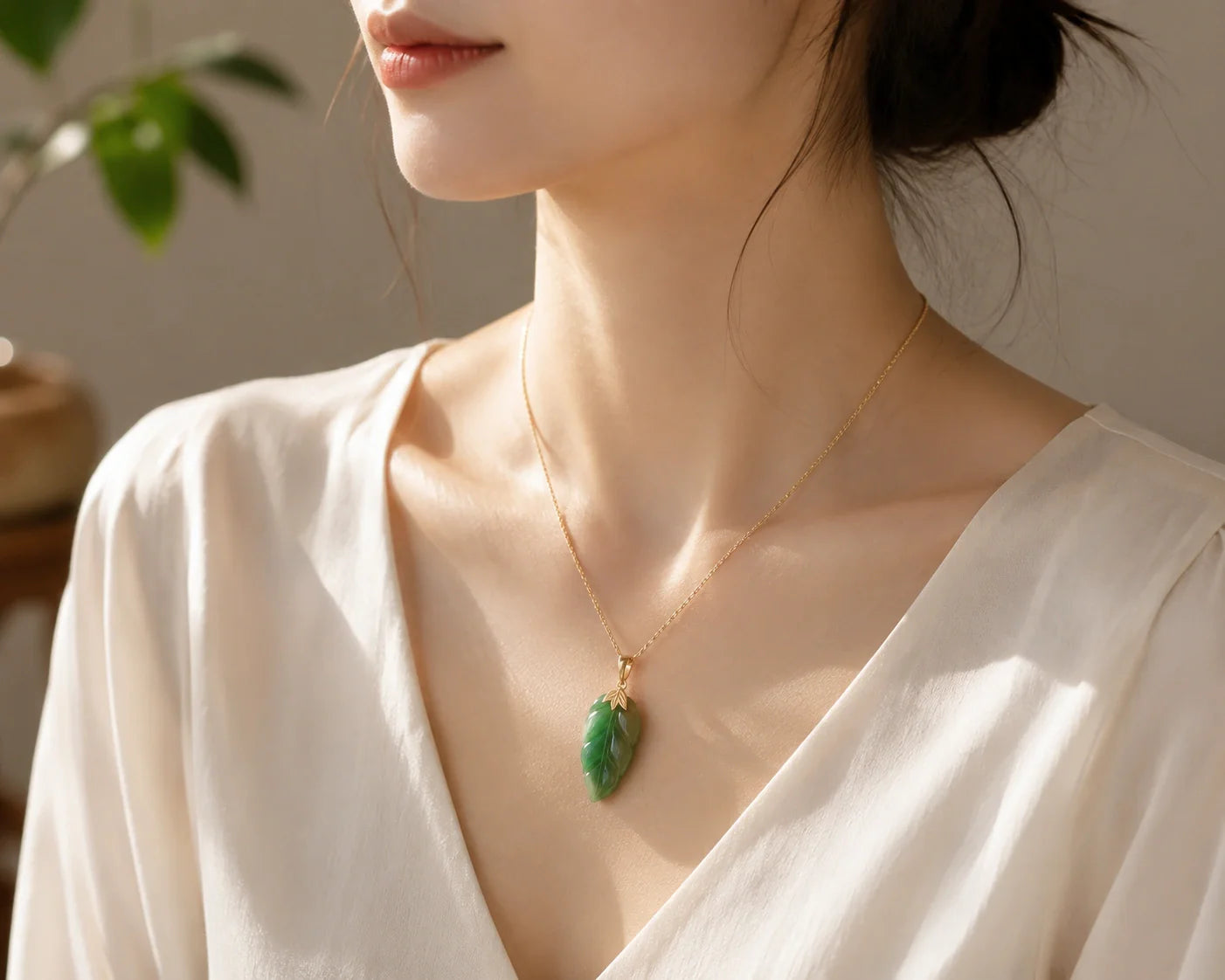 DIYJADE Natural Green Jade Leaf Pendant Necklace in 14K Gold
