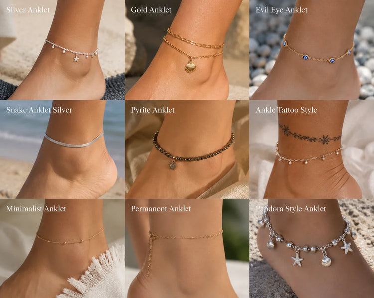 Collage of models wearing various styles of delicate Western-style affordable luxury anklets—a versatile collection for summer beach vacations | DIYJADE