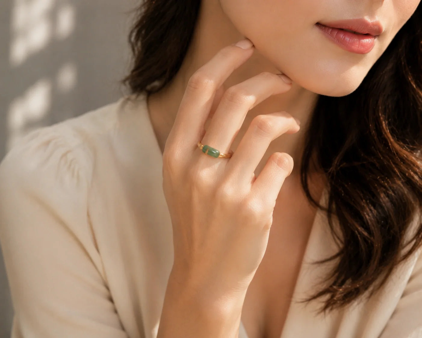 Minimalist gold wrapped genuine jade ring for women, daily commute jade finger ring model wearing lifestyle shot|DIYJADE