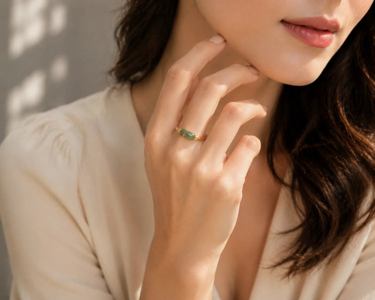 Minimalist gold wrapped genuine jade ring for women, daily commute jade finger ring model wearing lifestyle shot|DIYJADE