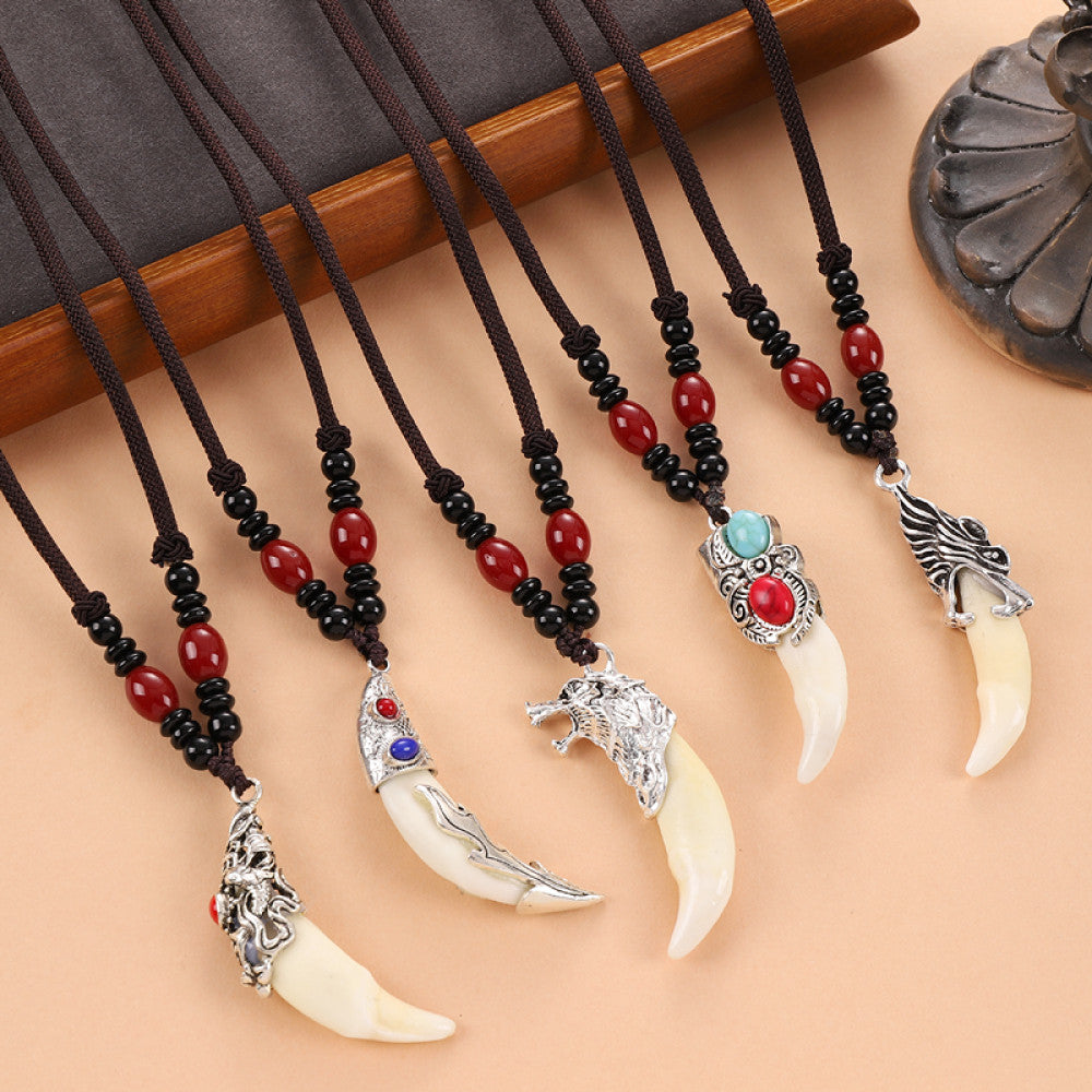 Retro dog tooth pendant ethnic style long necklace personalized weaving imitation wolf tooth men s and women s sweater chain high end pendant image 0