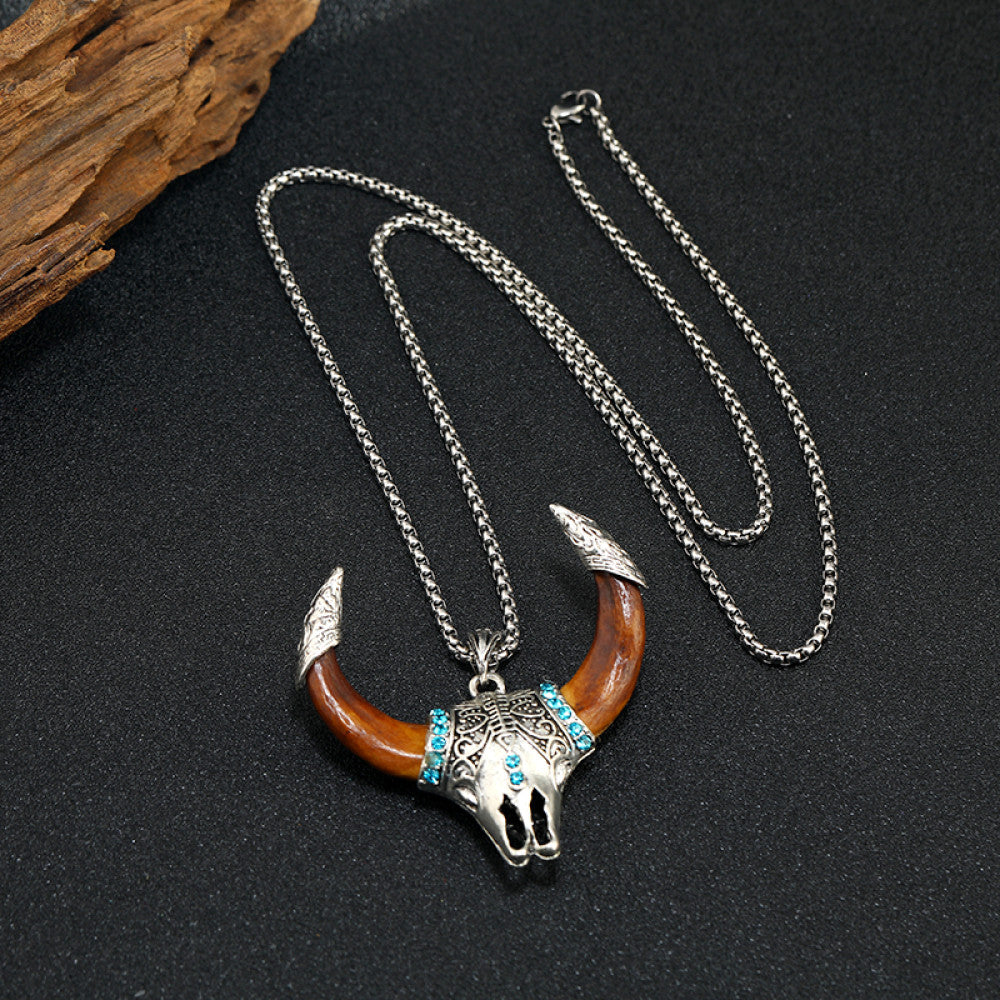 Wolf Teeth Bull Head Titanium Steel Necklace Retro and Niche Inlaid with Tibetan Silver True Dog Teeth Ethnic Style Pendant Personalized Male and Female Accessories image 4