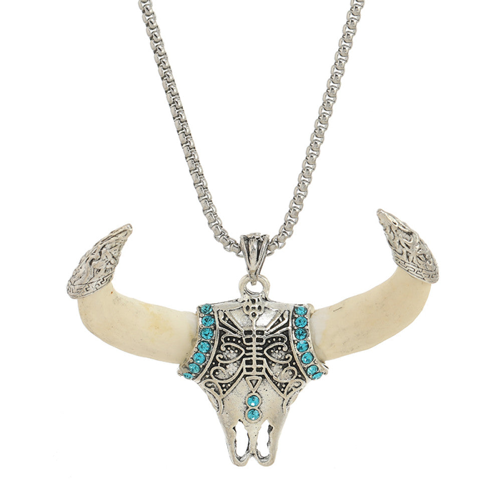 Wolf Teeth Bull Head Titanium Steel Necklace Retro and Niche Inlaid with Tibetan Silver True Dog Teeth Ethnic Style Pendant Personalized Male and Female Accessories image 5