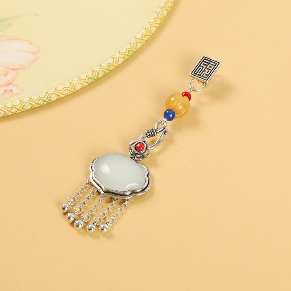 Jade Ruyi qipao pressed collar pendant with retro Chinese style and high end tassel pendant for women Hanfu accessories image 9
