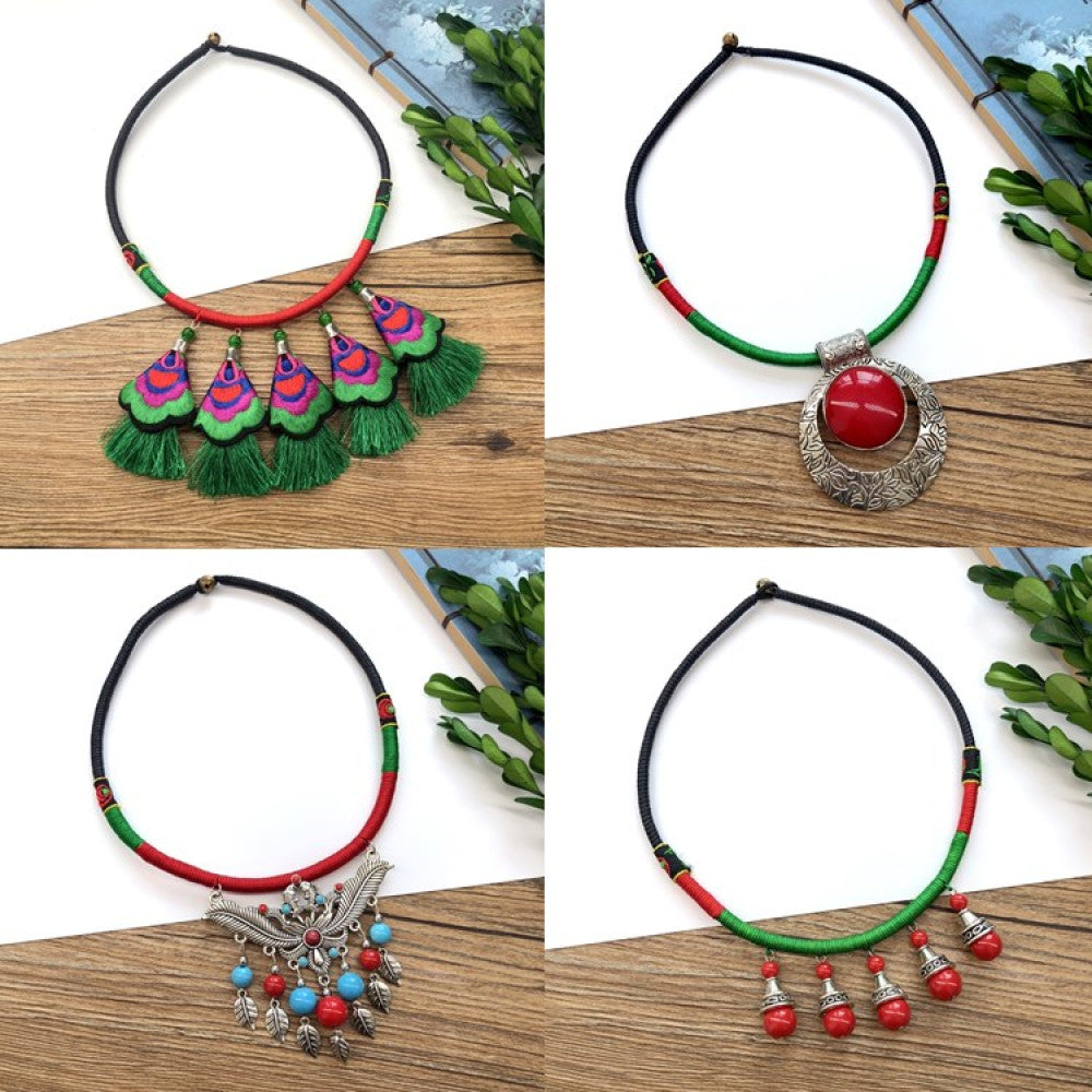 Ethnic style embroidery tassel short collar retro Tibetan female niche personality bell necklace performance necklace image 0