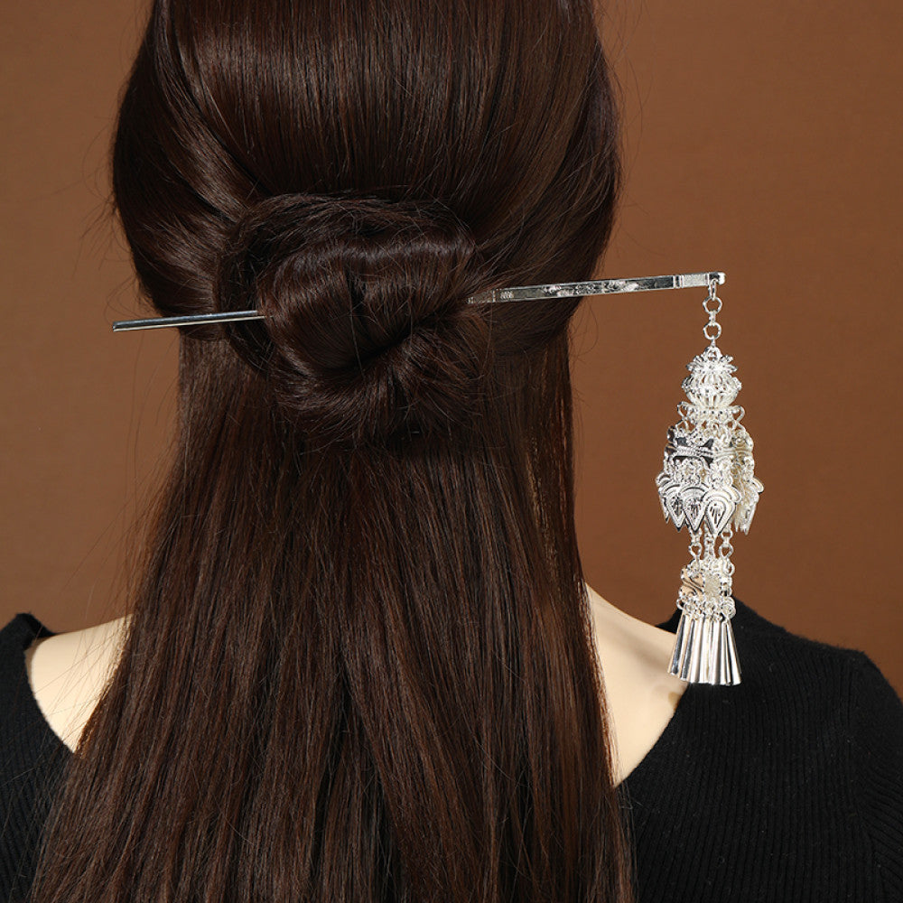 Vintage ethnic minority style Miao silver hairpin handmade tassel hairpin Miao handmade hairpin ancient style palace headdress for women image 40