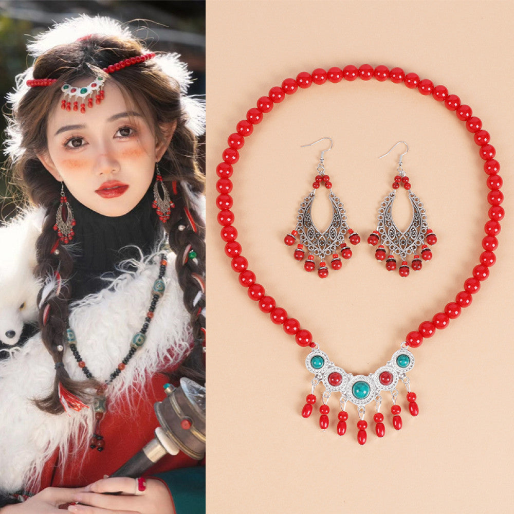 Ethnic minority style red tassel forehead chain exotic style forehead decoration eyebrow center pendant retro earrings women s Tibetan headwear image 0